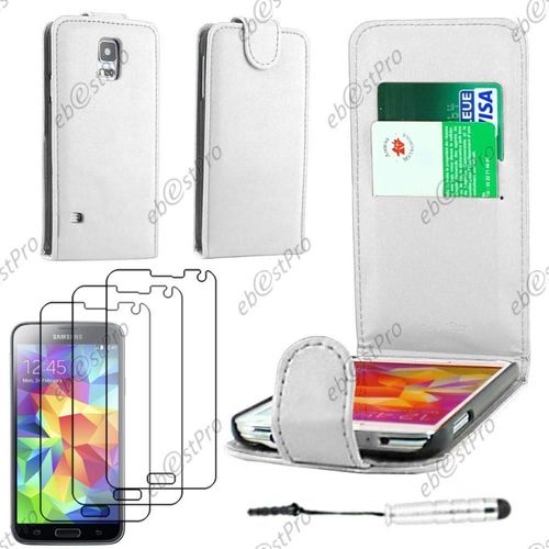 Ebeststar ® Housse Coque Etui Simili Cuir À Rabat Vertical Pour Samsung Galaxy S5 Sm-G900f, G900, G900h, Couleur Blanc + Mini Stylet 3 Film