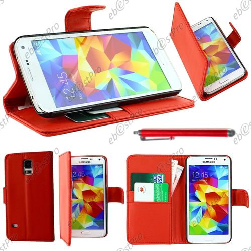 Ebeststar ® Housse Coque Etui Portefeuille Folio Book Livre Simili Cuir Pour Samsung Galaxy S5 Sm-G900f, G900, G900h, Couleur Rouge + Stylet + Film Protection D'écran