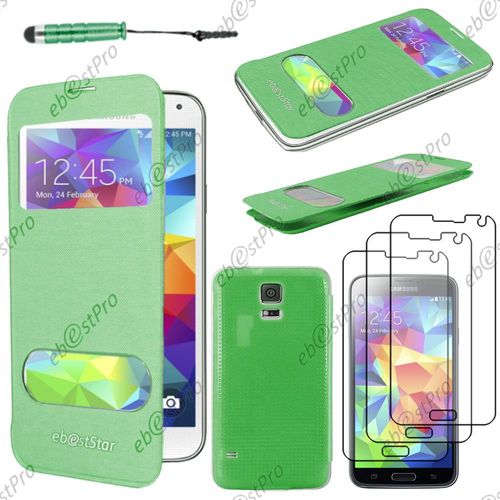 Ebeststar ® Housse Coque Etui Smart View Cover Type S-View Portefeuille Livre Pour Samsung Galaxy S5 Sm-G900f, G900, G900h, Couleur Vert + Mini Stylet 3 Film