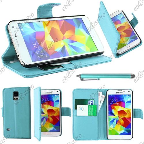 Ebeststar ® Housse Coque Etui Portefeuille Folio Book Livre Simili Cuir Pour Samsung Galaxy S5 Sm-G900f, G900, G900h, Couleur Bleu + Stylet + Film Protection D'écran