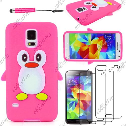 Ebeststar ® Etui Housse Coque Pingouin Silicone Souple Design Fun Pour Samsung Galaxy S5 Sm-G900f, G900, G900h, Couleur Rose + Mini Stylet 3 Film