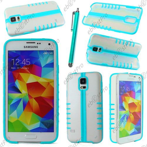 Ebeststar ® Coque Pliable Hybride Rigide Cristal - Silicone Gel Tpu Support Pour Samsung Galaxy S5 Sm-G900f, G900, G900h, Couleur Bleu + Stylet + Film Protection D'écran