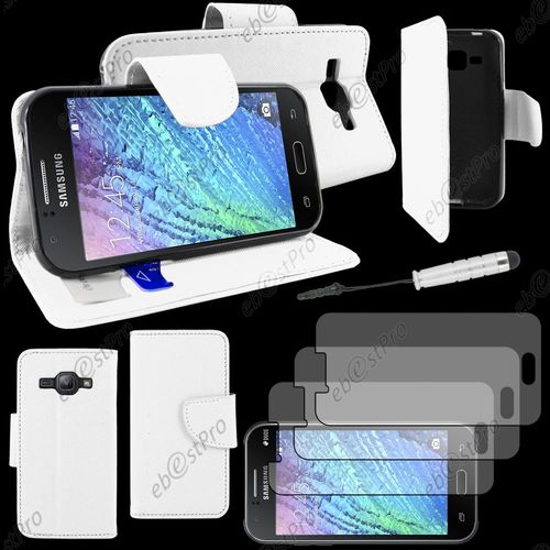 Ebeststar ® Housse Coque Etui Portefeuille Folio Book Livre Simili Cuir Pour Samsung Galaxy J1 Sm-J100f, Couleur Blanc + Mini Stylet 3 Film