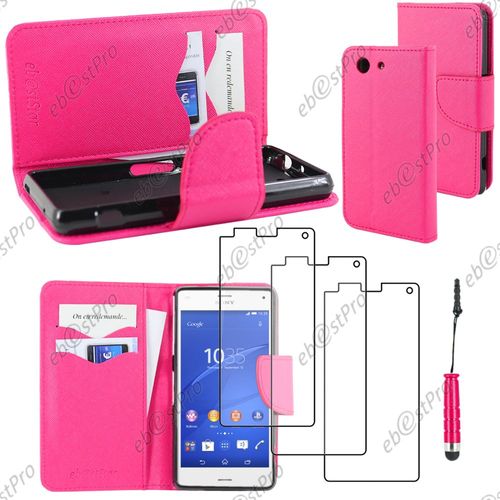 Ebeststar ® Housse Coque Etui Portefeuille Folio Book Livre Simili Cuir Pour Sony Xperia Z3 Compact, Couleur Rose + Mini Stylet 3 Film