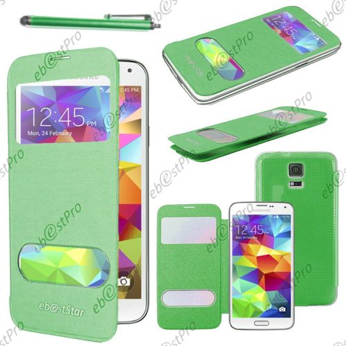 Ebeststar ® Housse Coque Etui Smart View Cover Type S-View Portefeuille Livre Pour Samsung Galaxy S5 Sm-G900f, G900, G900h, Couleur Vert + Stylet + Film Protection D'écran