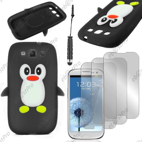 Ebeststar ® Etui Housse Coque Pingouin Silicone Souple Design Fun Pour Samsung Galaxy S3 I9300 I9305, Couleur Noir + Mini Stylet 3 Film