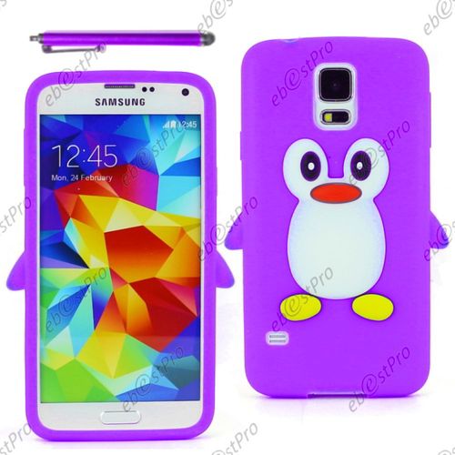 Ebeststar ® Etui Housse Coque Pingouin Silicone Souple Design Fun Pour Samsung Galaxy S5 Sm-G900f, G900, G900h, Couleur Violet + Stylet + Film Protection D'écran