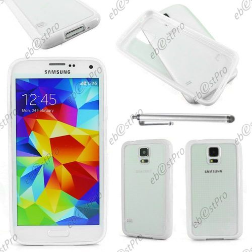 Ebeststar ® Coque Hybride Rigide Crystale Avec Contour Bumper Silicone Gel Pour Samsung Galaxy S5 Sm-G900f, G900, G900h, Couleur Blanc + Stylet + Film Protection D'écran