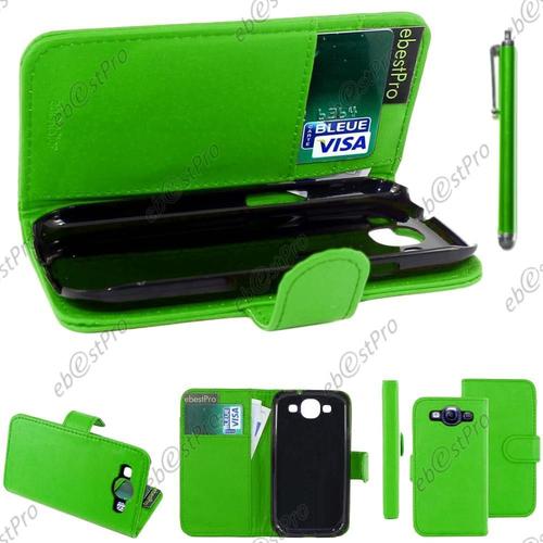 Ebeststar ® Housse Coque Etui Portefeuille Folio Book Livre Simili Cuir Pour Samsung Galaxy S3 I9300 I9305, Couleur Vert + Stylet + Film Protection D'écran