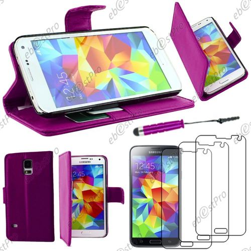 Ebeststar ® Housse Coque Etui Portefeuille Folio Book Livre Simili Cuir Pour Samsung Galaxy S5 Sm-G900f, G900, G900h, Couleur Violet + Mini Stylet 3 Film