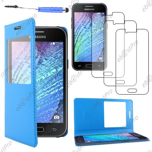 Ebeststar ® Housse Coque Etui Smart View Cover Type S-View Portefeuille Livre Pour Samsung Galaxy J1 Sm-J100f, Couleur Bleu + Mini Stylet 3 Film
