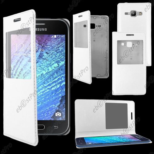 Ebeststar ® Housse Coque Etui Smart View Cover Type S-View Portefeuille Livre Pour Samsung Galaxy J1 Sm-J100f, Couleur Blanc + Film Protection D'écran