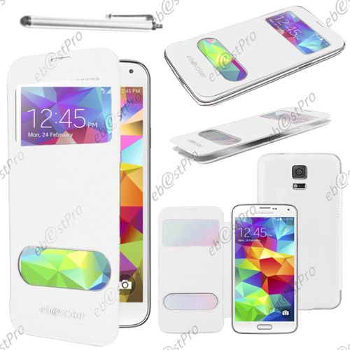 Ebeststar ® Housse Coque Etui Smart View Cover Type S-View Portefeuille Livre Pour Samsung Galaxy S5 Sm-G900f, G900, G900h, Couleur Blanc + Stylet + Film Protection D'écran