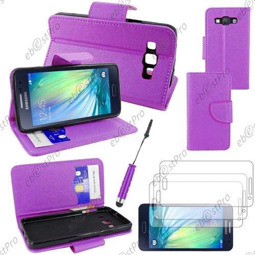 Ebeststar ® Housse Coque Etui Portefeuille Folio Book Livre Simili Cuir Pour Samsung Galaxy A3 Sm-A300f, Couleur Violet + Mini Stylet 3 Film