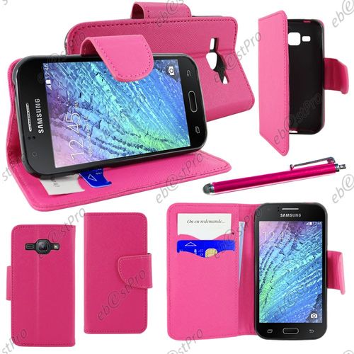 Ebeststar ® Housse Coque Etui Portefeuille Folio Book Livre Simili Cuir Pour Samsung Galaxy J1 Sm-J100f, Couleur Rose + Stylet + Film Protection D'écran