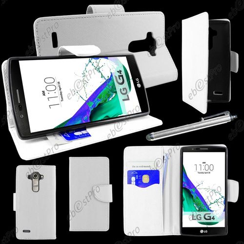 Ebeststar ® Housse Coque Etui Portefeuille Folio Book Livre Simili Cuir Pour Lg G4 H815, G4 Dual-Lte, Couleur Blanc + Stylet + Film Protection D'écran