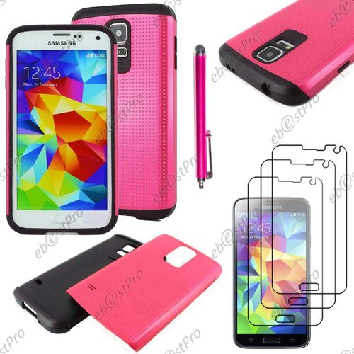 Ebeststar ® Coque Duo Bi-Couches En Silicone Et Polycarbonate Mesh Etui Housse Pour Samsung Galaxy S5 Sm-G900f, G900, G900h, Couleur Rose + Stylet 3 Film