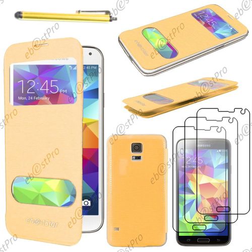 Ebeststar ® Housse Coque Etui Smart View Cover Type S-View Portefeuille Livre Pour Samsung Galaxy S5 Sm-G900f, G900, G900h, Couleur Jaune + Stylet 3 Film