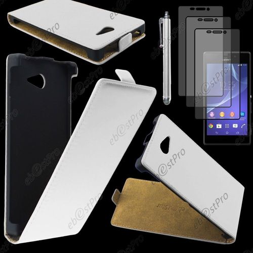 Ebeststar ® Housse Coque Etui En Pu Cuir À Rabat Ultra Fine (Slim Case) Pour Sony Xperia M2 D2302 D2303, Couleur Blanc + Stylet 3 Film