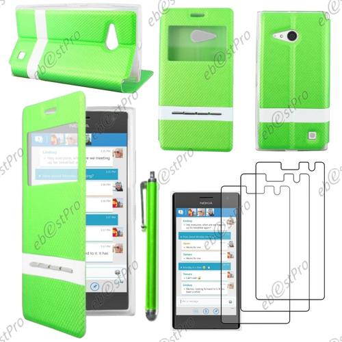 Ebeststar ® Housse Coque Etui Smart View Cover Type S-View Portefeuille Livre Pour Nokia Lumia 735 730 Dual, Couleur Vert + Stylet 3 Film