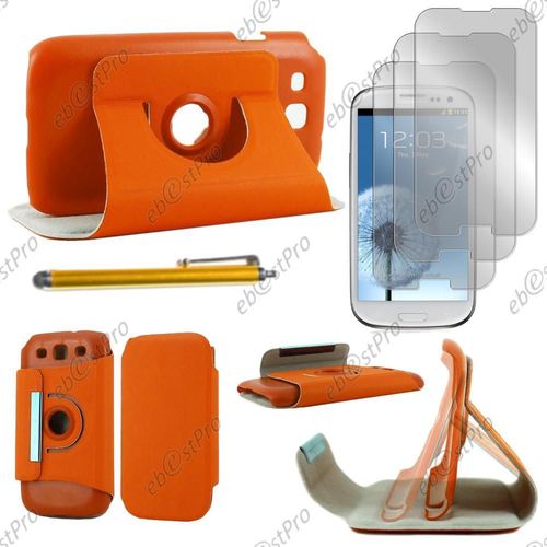 Ebeststar ® Housse Coque Etui Pu Cuir Rotatif Avec Support À Rotation 360° Pour Samsung Galaxy S3 I9300 I9305, Couleur Orange + Stylet 3 Film