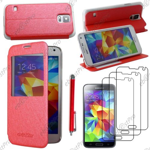 Ebeststar ® Coque Etui Flip View Cover Housse Portefeuille Grande Fenêtre Pour Samsung Galaxy S5 Sm-G900f, G900, G900h, Couleur Rouge + Stylet 3 Film