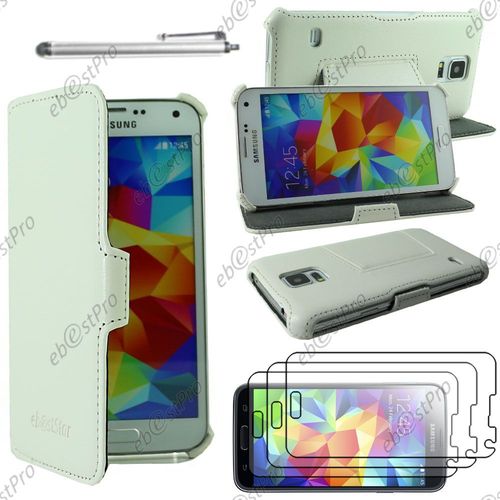 Ebeststar ® Housse Etui Cuir Pu Luxe Avec Support Stand Pour Samsung Galaxy S5 Sm-G900f, G900, G900h, Couleur Blanc + Stylet 3 Film