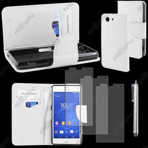 Ebeststar ® Housse Coque Etui Portefeuille Folio Book Livre Simili Cuir Pour Sony Xperia Z3 Compact, Couleur Blanc + Stylet 3 Film