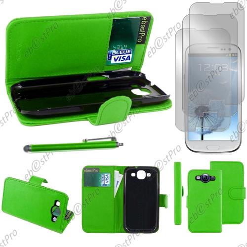 Ebeststar ® Housse Coque Etui Portefeuille Folio Book Livre Simili Cuir Pour Samsung Galaxy S3 I9300 I9305, Couleur Vert + Stylet 3 Film