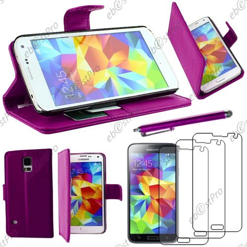 Ebeststar ® Housse Coque Etui Portefeuille Folio Book Livre Simili Cuir Pour Samsung Galaxy S5 Sm-G900f, G900, G900h, Couleur Violet + Stylet 3 Film
