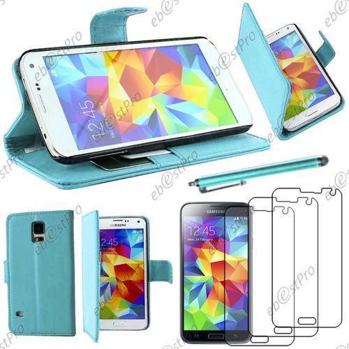 Ebeststar ® Housse Coque Etui Portefeuille Folio Book Livre Simili Cuir Pour Samsung Galaxy S5 Sm-G900f, G900, G900h, Couleur Bleu + Stylet 3 Film