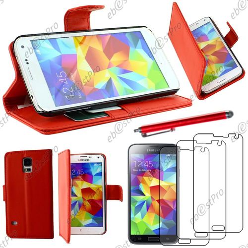 Ebeststar ® Housse Coque Etui Portefeuille Folio Book Livre Simili Cuir Pour Samsung Galaxy S5 Sm-G900f, G900, G900h, Couleur Rouge + Stylet 3 Film