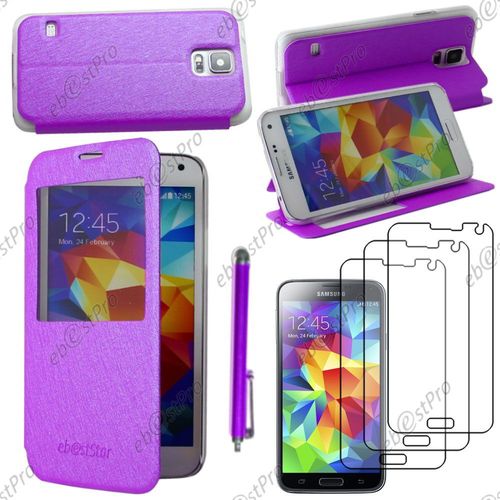 Ebeststar ® Coque Etui Flip View Cover Housse Portefeuille Grande Fenêtre Pour Samsung Galaxy S5 Sm-G900f, G900, G900h, Couleur Violet + Stylet 3 Film