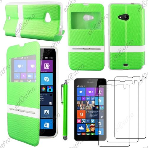 Ebeststar ® Housse Coque Etui Smart View Cover Type S-View Portefeuille Livre Pour Microsoft Lumia 535, Couleur Vert + Stylet 3 Film