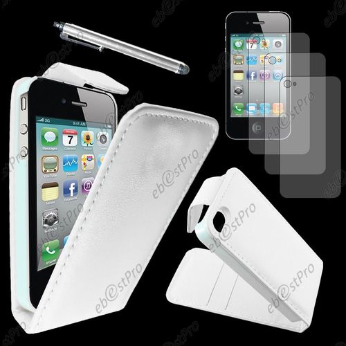 Ebeststar ® Housse Coque Etui Simili Cuir À Rabat Vertical Pour Apple Iphone 4s, 4, Couleur Blanc + Stylet 3 Film