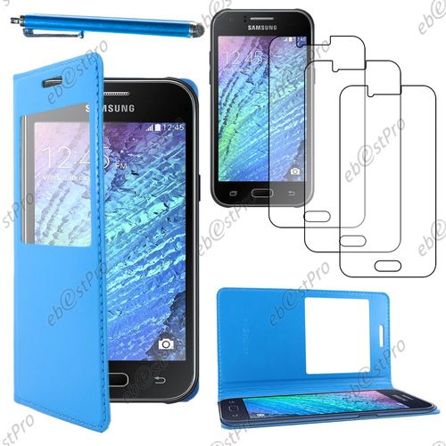 Ebeststar ® Housse Coque Etui Smart View Cover Type S-View Portefeuille Livre Pour Samsung Galaxy J1 Sm-J100f, Couleur Bleu + Stylet 3 Film