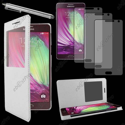 Ebeststar ® Housse Coque Etui Smart View Cover Type S-View Portefeuille Livre Pour Samsung Galaxy A3 Sm-A300f, Couleur Blanc + Stylet 3 Film