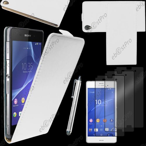 Ebeststar ® Housse Coque Etui En Pu Cuir À Rabat Ultra Fine (Slim Case) Pour Sony Xperia Z3 D6603, Couleur Blanc + Stylet 3 Film