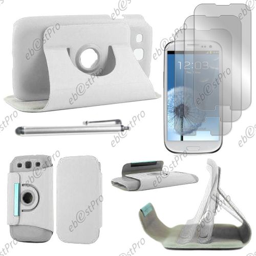 Ebeststar ® Housse Coque Etui Pu Cuir Rotatif Avec Support À Rotation 360° Pour Samsung Galaxy S3 I9300 I9305, Couleur Blanc + Stylet 3 Film