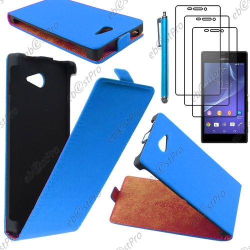 Ebeststar ® Housse Coque Etui En Pu Cuir À Rabat Ultra Fine (Slim Case) Pour Sony Xperia M2 D2302 D2303, Couleur Bleu + Stylet 3 Film