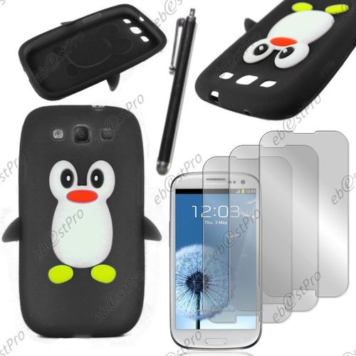 Ebeststar ® Etui Housse Coque Pingouin Silicone Souple Design Fun Pour Samsung Galaxy S3 I9300 I9305, Couleur Noir + Stylet 3 Film
