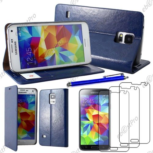 Ebeststar ® Housse Coque Etui Portefeuille Folio Book Livre Pu Cuir Pour Samsung Galaxy S5 Sm-G900f, G900, G900h, Couleur Bleu + Stylet 3 Film