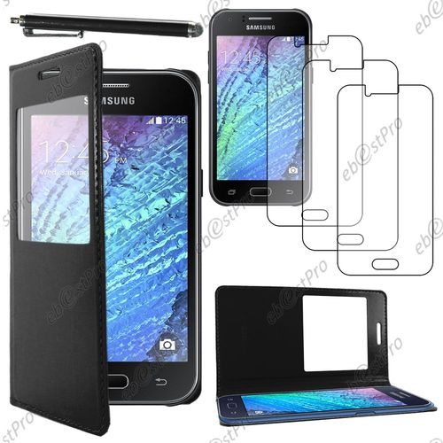 Ebeststar ® Housse Coque Etui Smart View Cover Type S-View Portefeuille Livre Pour Samsung Galaxy J1 Sm-J100f, Couleur Noir + Stylet 3 Film