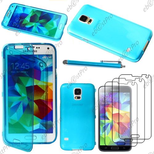 Ebeststar ® Housse Etui Coque Portefeuille Livre Silicone Gel Pour Samsung Galaxy S5 Sm-G900f, G900, G900h, Couleur Bleu + Stylet 3 Film