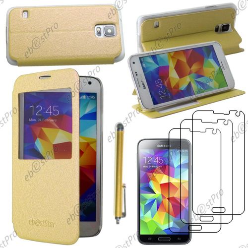 Ebeststar ® Coque Etui Flip View Cover Housse Portefeuille Grande Fenêtre Pour Samsung Galaxy S5 Sm-G900f, G900, G900h, Couleur Jaune + Stylet 3 Film