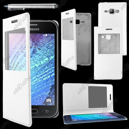 Ebeststar ® Housse Coque Etui Smart View Cover Type S-View Portefeuille Livre Pour Samsung Galaxy J1 Sm-J100f, Couleur Blanc + Stylet + Film Protection D'écran