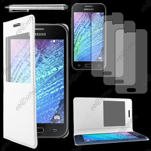 Ebeststar ® Housse Coque Etui Smart View Cover Type S-View Portefeuille Livre Pour Samsung Galaxy J1 Sm-J100f, Couleur Blanc + Stylet 3 Film