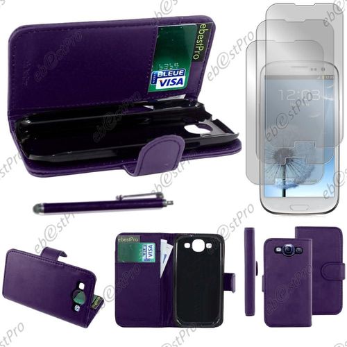 Ebeststar ® Housse Coque Etui Portefeuille Folio Book Livre Simili Cuir Pour Samsung Galaxy S3 I9300 I9305, Couleur Violet + Stylet 3 Film