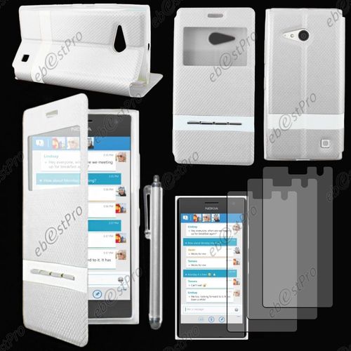 Ebeststar ® Housse Coque Etui Smart View Cover Type S-View Portefeuille Livre Pour Nokia Lumia 735 730 Dual, Couleur Blanc + Stylet 3 Film