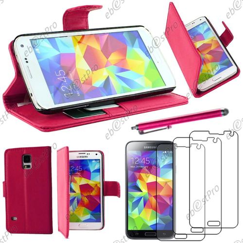 Ebeststar ® Housse Coque Etui Portefeuille Folio Book Livre Simili Cuir Pour Samsung Galaxy S5 Sm-G900f, G900, G900h, Couleur Rose + Stylet 3 Film